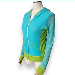 PETITE POIS by Viviana G Long Sleeve Color Block Mesh Zip Front Hoodie